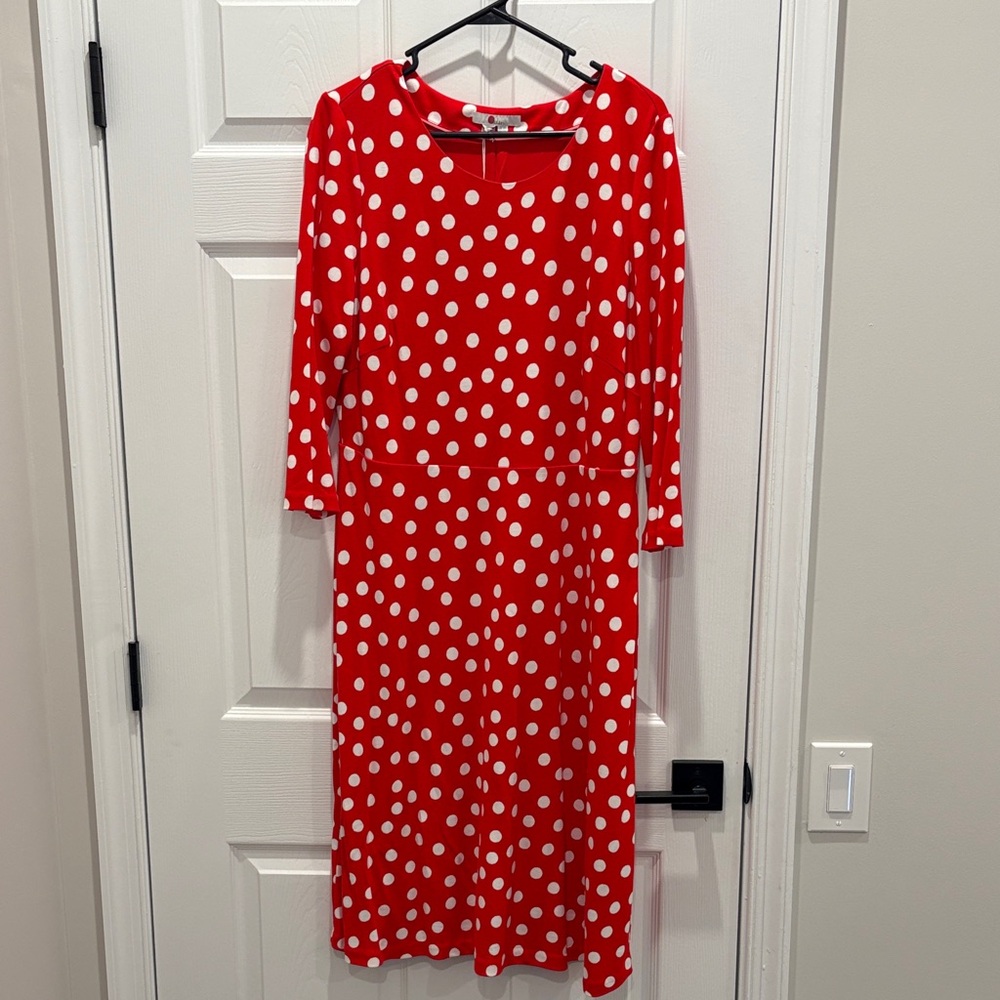 Boden Red and White Polka Dot Long Sleeve Dress Size 14 Long